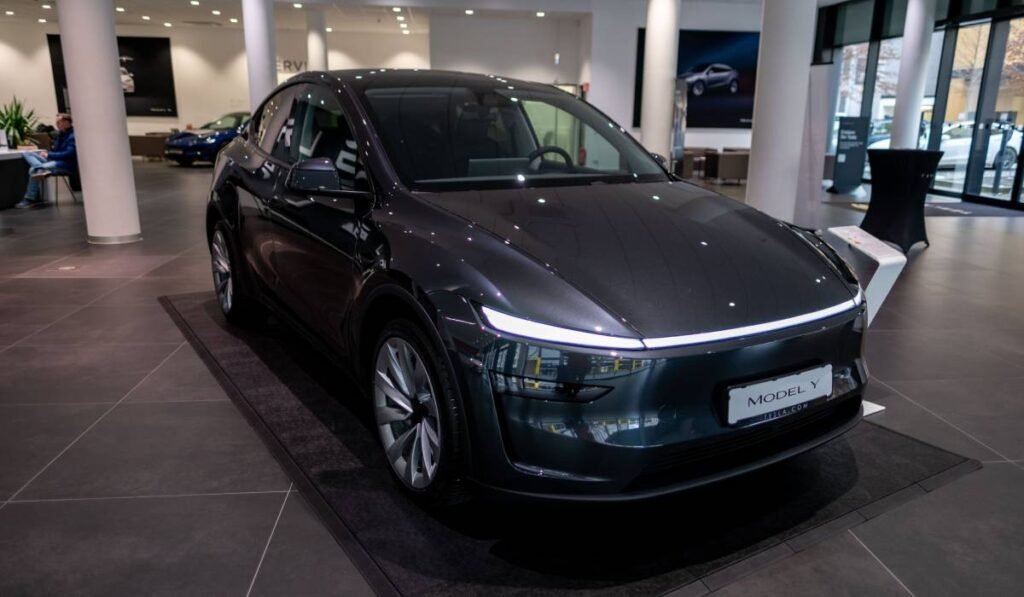 Mașină electrică de culoare neagră, Tesla model Y, într-un showroom auto expus pentru prezentare.