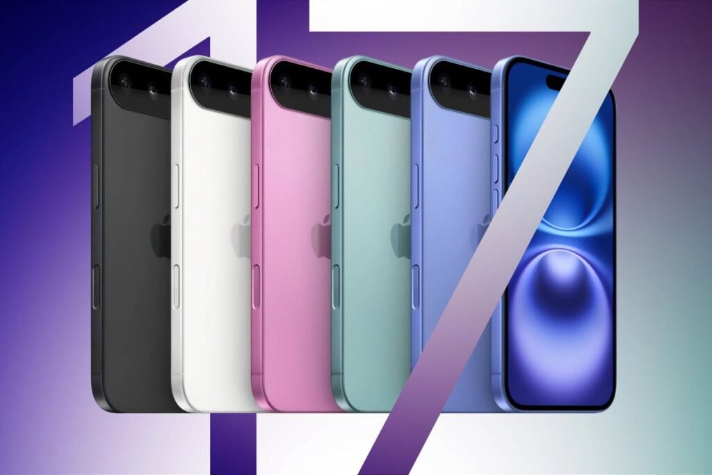 Mai multe modele de tip „macheta” cu iPhone 17, de culori diverse, aliniate deasupra unui fundal mov pe care se remarca cifra 17.