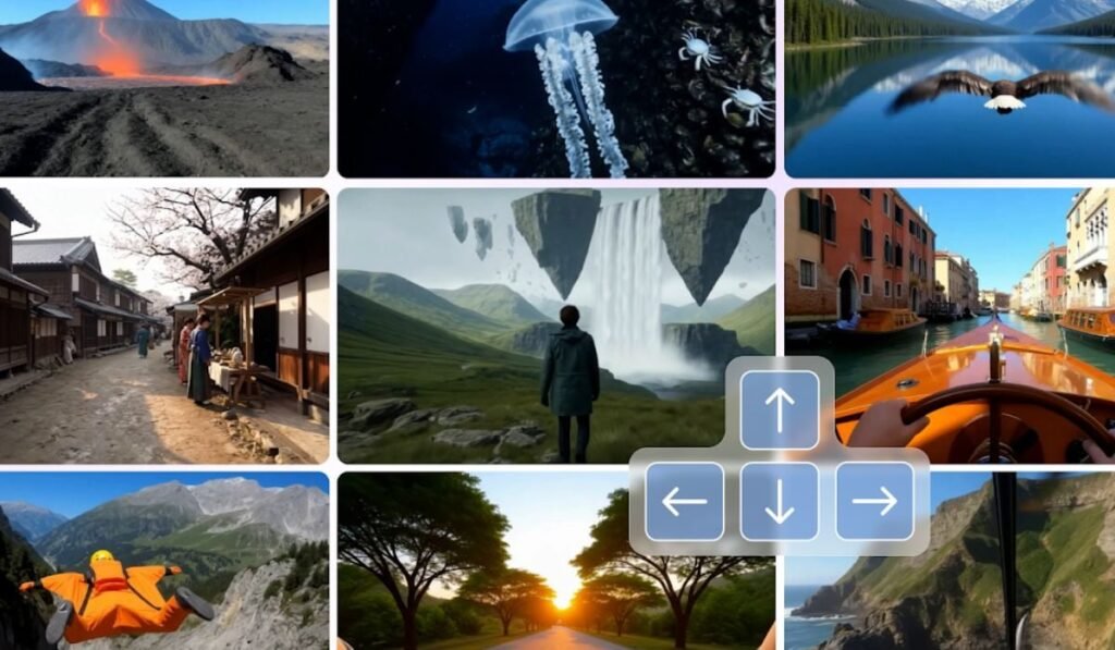 Colaj cu imagini generate cu AI reprezentând lumi virtuale diferite.