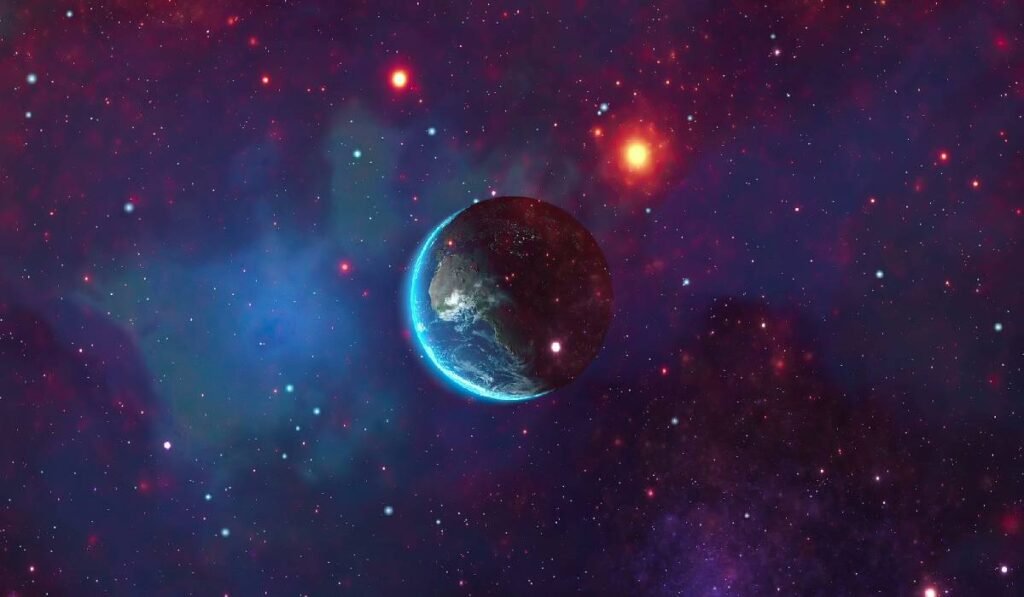 Planeta Pământ, văzută din Spațiu, înconjurată de stele și întunericul rece