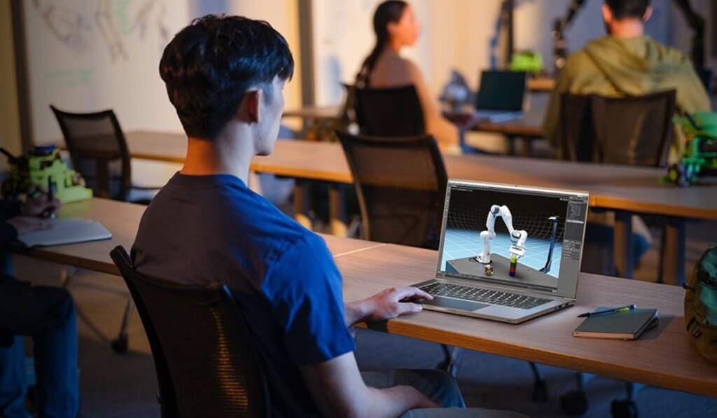 Un student lucrează pe un laptop în sala de clasă plină de bănci și de alți colegi.