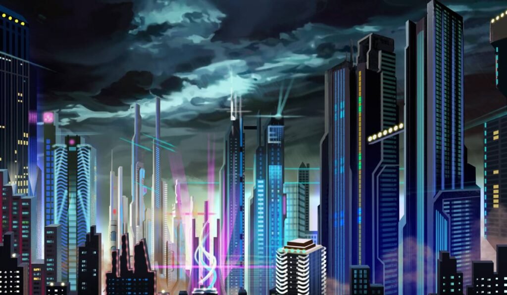 de la incubatoare pentru ouă la mijloace de transport conduse de balene Ilustrație cu un oraș modern, clădirile sunt foarte înalte și din fiecare este lansat câte un laser