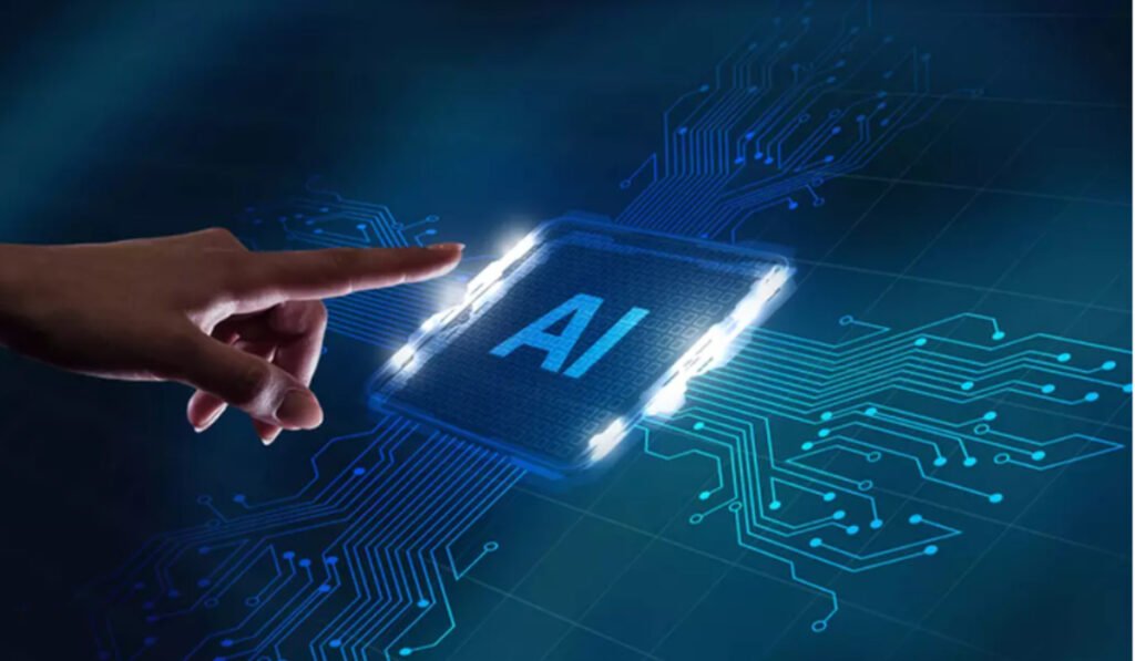 Un bărbat care apasă pe un ecran pe care scrie AI