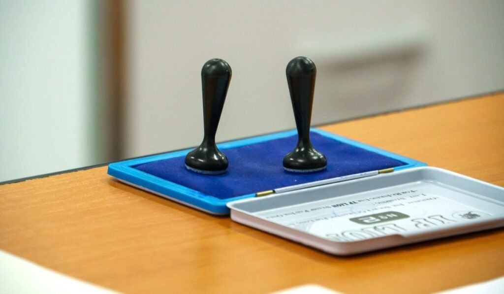 Două ștampile negre de vot, pe cutia albastră cu cerneală, pe un birou de culoare maro