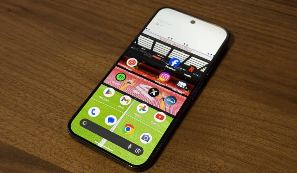 O poză cu ecarnul telefonului Google 10 Pro XL așezat pe un fundal de lemn.